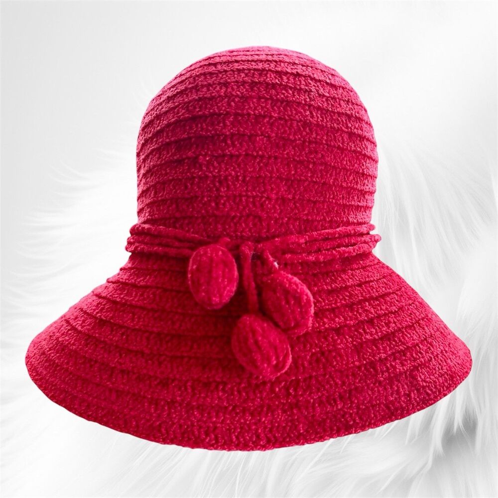 Betmar New York Chenille Hat Red Bucket Style Womens Jewel Logo Holiday X627KO